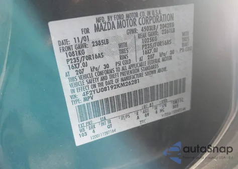 2002 Mazda Tribute Es V6/Lx V6 из США, поврежденный, VIN 4F2YU08192KM26281